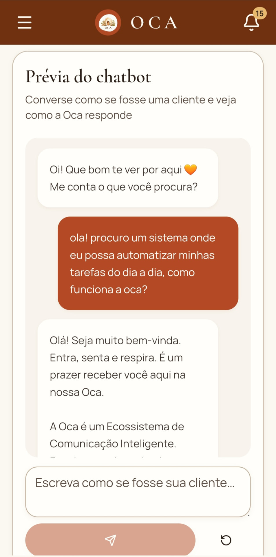 Tela de prévia do chatbot da Oca, com uma conversa de exemplo entre cliente e atendente virtual