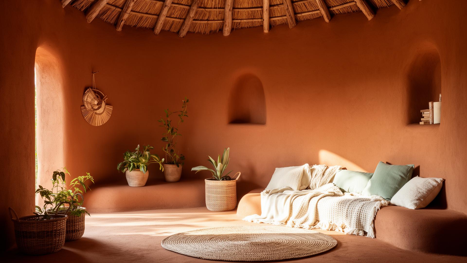 Interior aconchegante de uma oca de barro, com paredes terracota, plantas, almofadas e mantas claras