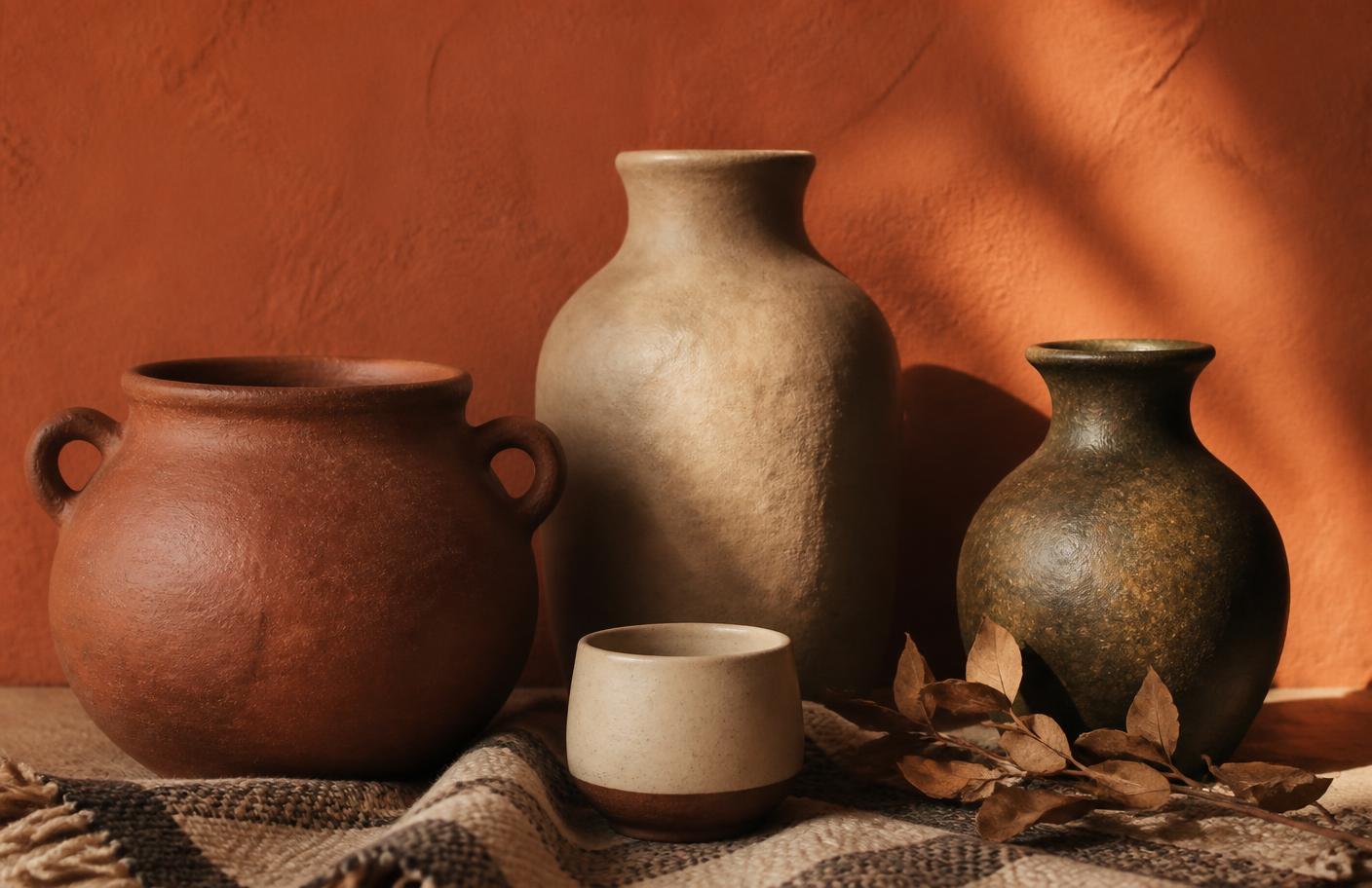 Peças de cerâmica artesanal e folhas secas sobre tecido trançado, diante de uma parede terracota